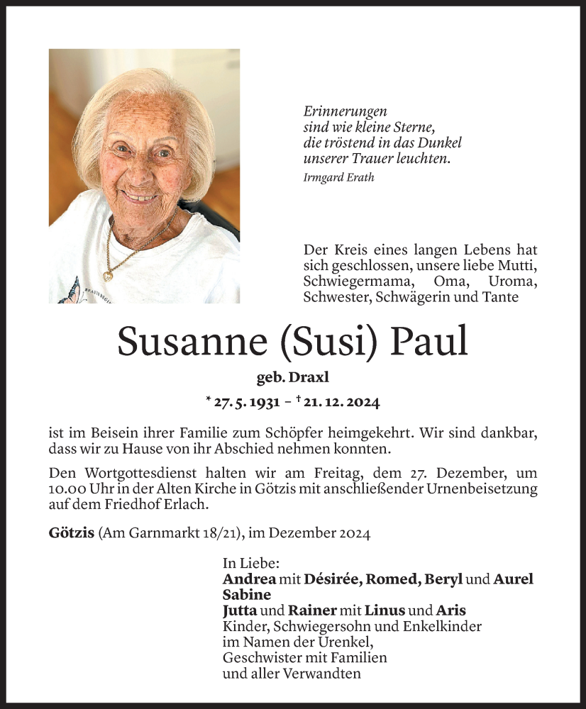  Todesanzeige für Susanne Paul vom 23.12.2024 aus Vorarlberger Nachrichten