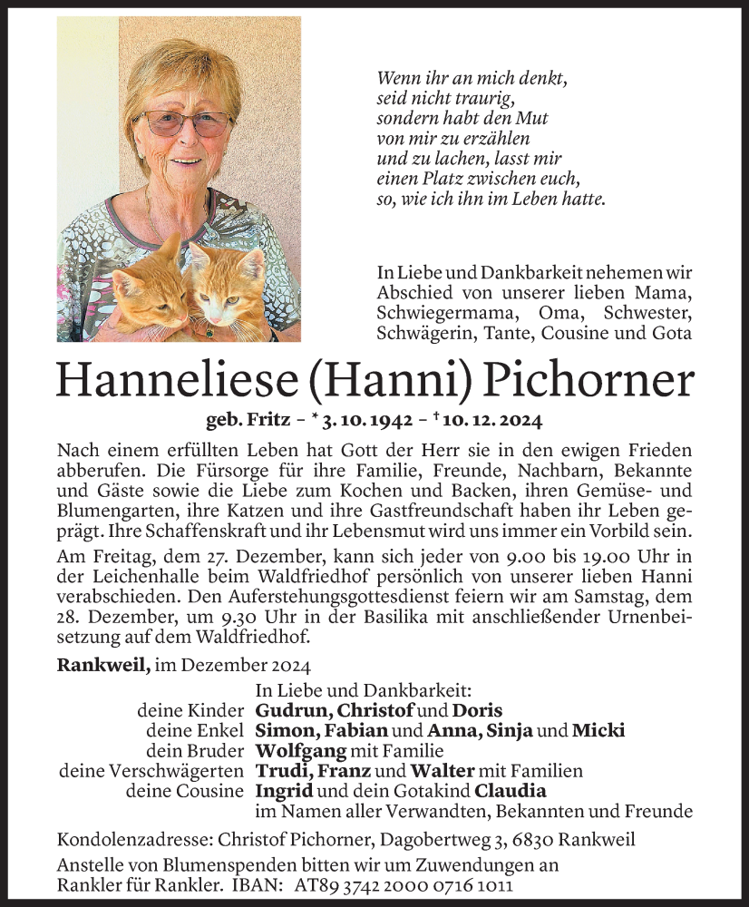  Todesanzeige für Hanneliese Pichorner vom 21.12.2024 aus Vorarlberger Nachrichten