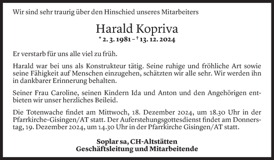 Todesanzeige von Harald Kopriva von Vorarlberger Nachrichten