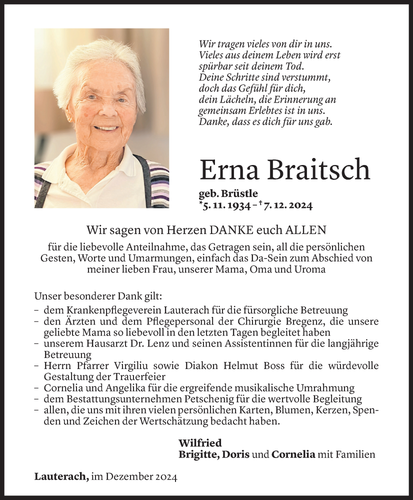  Todesanzeige für Erna Braitsch vom 30.12.2024 aus Vorarlberger Nachrichten