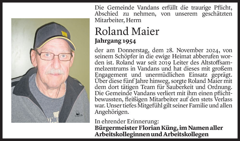  Todesanzeige für Roland Maier vom 02.12.2024 aus Vorarlberger Nachrichten