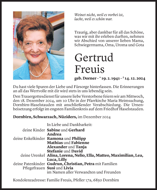 Todesanzeige von Gertrud Freuis von Vorarlberger Nachrichten