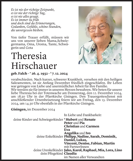 Todesanzeige von Theresia Hirschauer von Vorarlberger Nachrichten