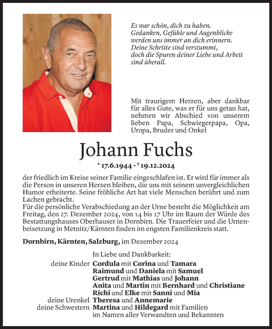 Todesanzeige von Johann Fuchs von Vorarlberger Nachrichten