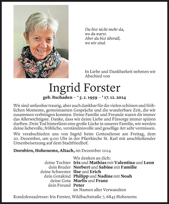 Todesanzeige von Ingrid Forster von Vorarlberger Nachrichten