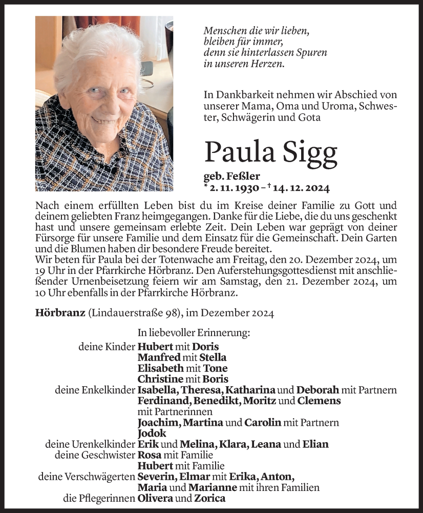  Todesanzeige für Paula Sigg vom 17.12.2024 aus Vorarlberger Nachrichten