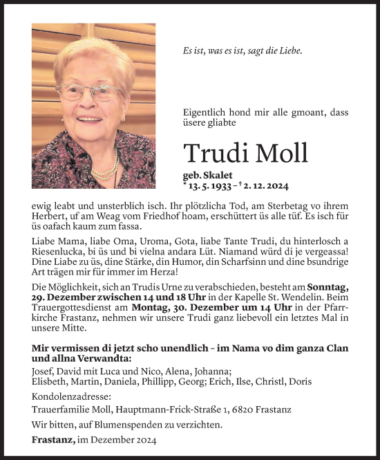 Todesanzeige von Trudi Moll von Vorarlberger Nachrichten