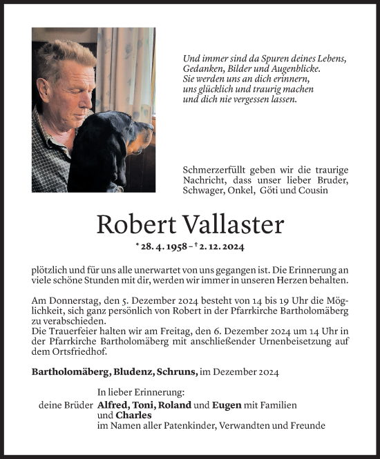 Todesanzeige von Robert Vallaster von Vorarlberger Nachrichten