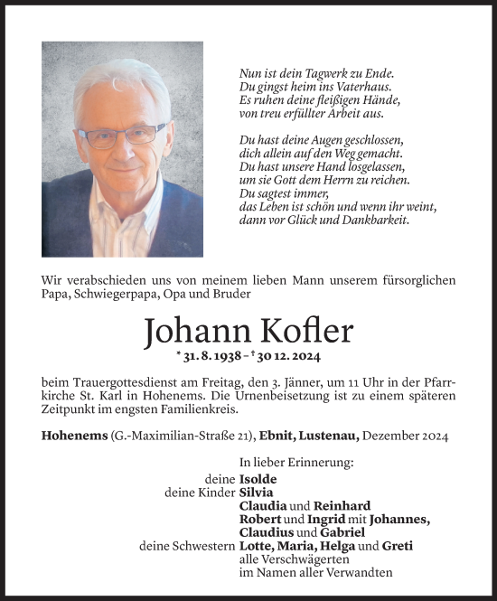 Todesanzeige von Johann Kofler von Vorarlberger nachrichten