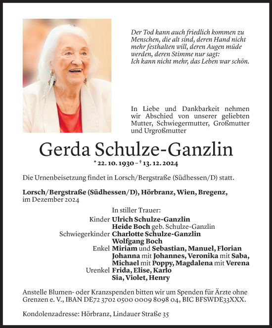 Todesanzeige von Gerda Schulze-Ganzlin von Vorarlberger Nachrichten