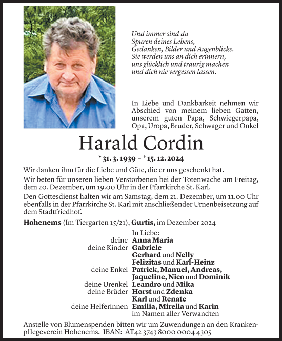 Todesanzeige von Harald Cordin von Vorarlberger Nachrichten