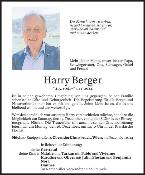 Todesanzeige von Harry Berger von Vorarlberger Nachrichten