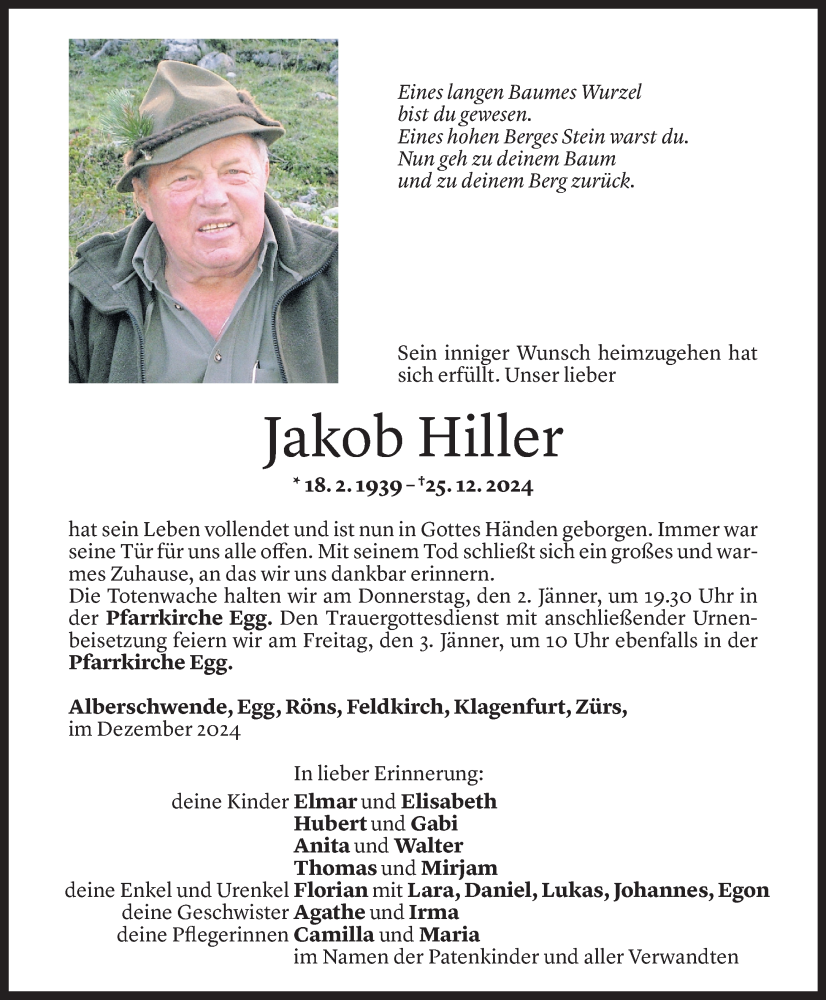  Todesanzeige für Jakob Hiller vom 30.12.2024 aus Vorarlberger Nachrichten