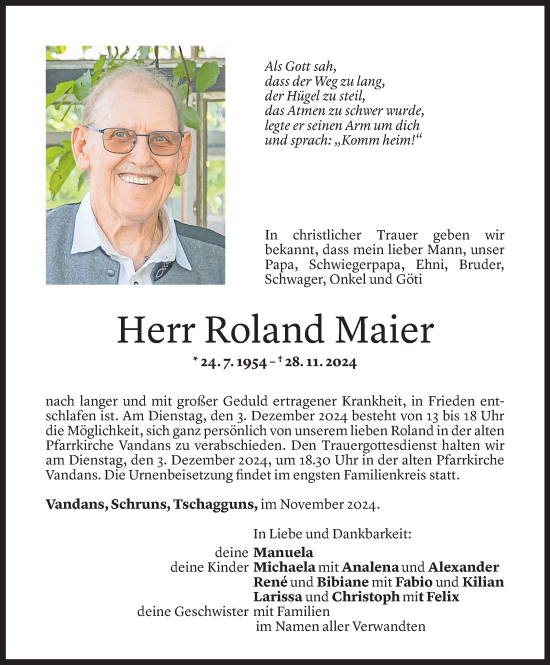 Todesanzeige von Roland Maier von Vorarlberger Nachrichten