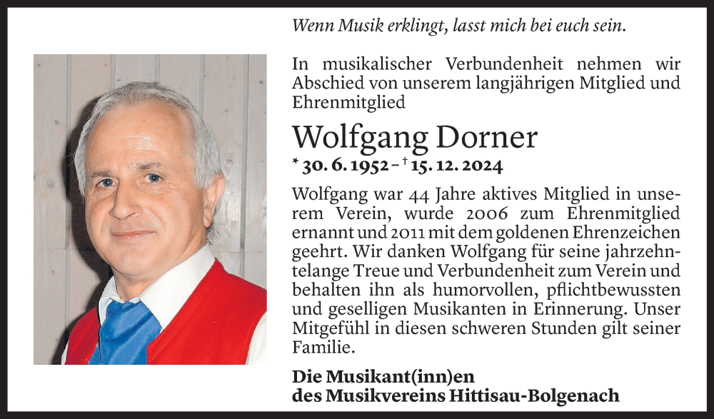  Todesanzeige für Wolfgang Dorner vom 17.12.2024 aus Vorarlberger Nachrichten