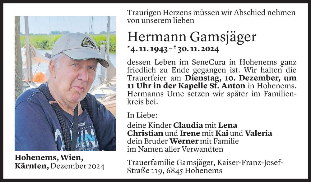  Todesanzeige für Hermann Gamsjäger vom 06.12.2024 aus Vorarlberger Nachrichten