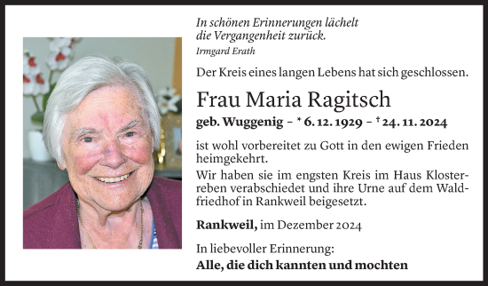 Todesanzeige von Maria Ragitsch von Vorarlberger Nachrichten