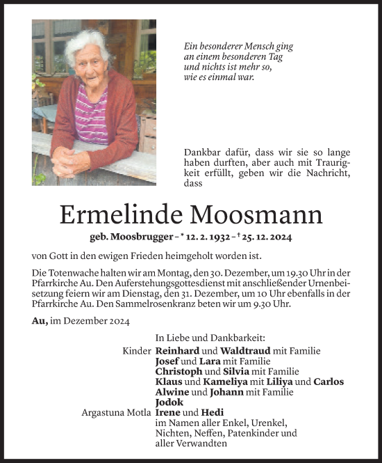 Todesanzeige von Ermelinde Moosmann von Vorarlberger Nachrichten