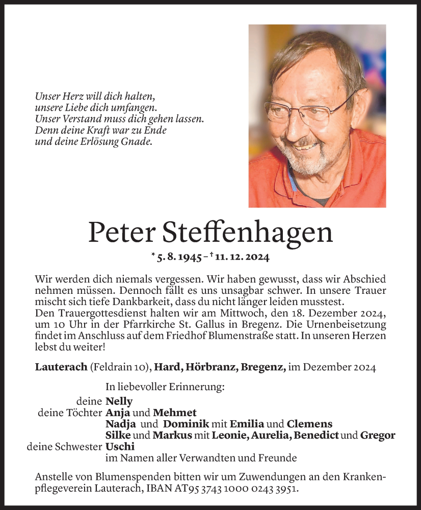  Todesanzeige für Peter Steffenhagen vom 16.12.2024 aus Vorarlberger Nachrichten