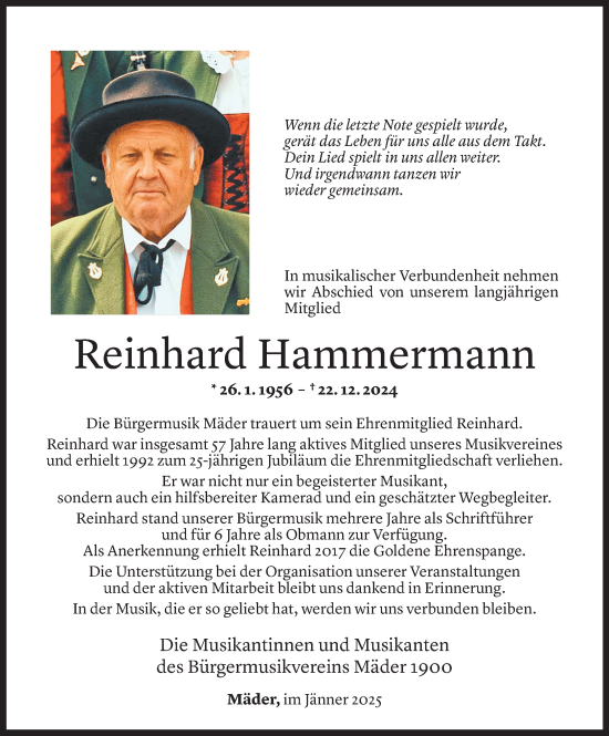 Todesanzeige von Reinhard Hammermann von Vorarlberger Nachrichten