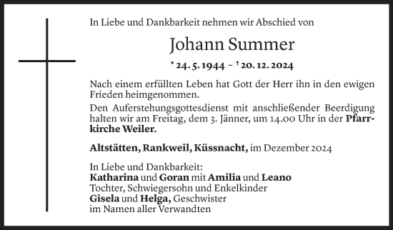 Todesanzeige von Johann Summer von Vorarlberger Nachrichten