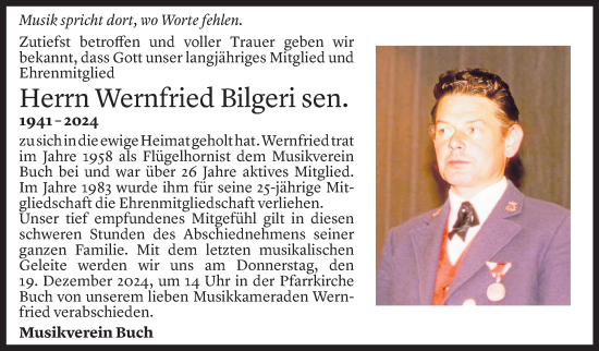 Todesanzeige von Wernfried Bilgeri von Vorarlberger Nachrichten