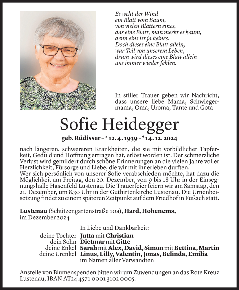  Todesanzeige für Sofie Heidegger vom 17.12.2024 aus Vorarlberger Nachrichten