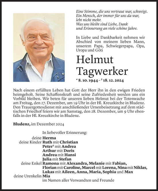 Todesanzeige von Helmut Tagwerker von Vorarlberger Nachrichten