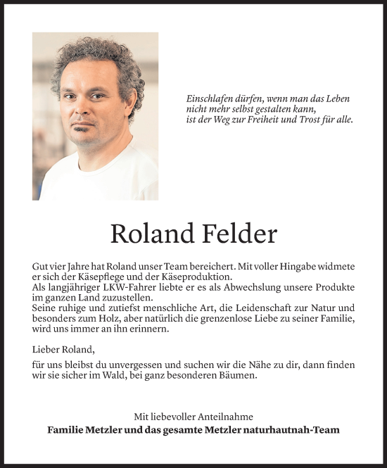 Todesanzeige von Roland Felder von Vorarlberger Nachrichten