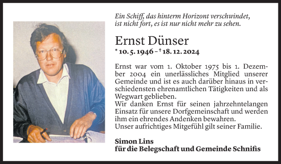 Todesanzeige von Ernst Dünser von Vorarlberger Nachrichten