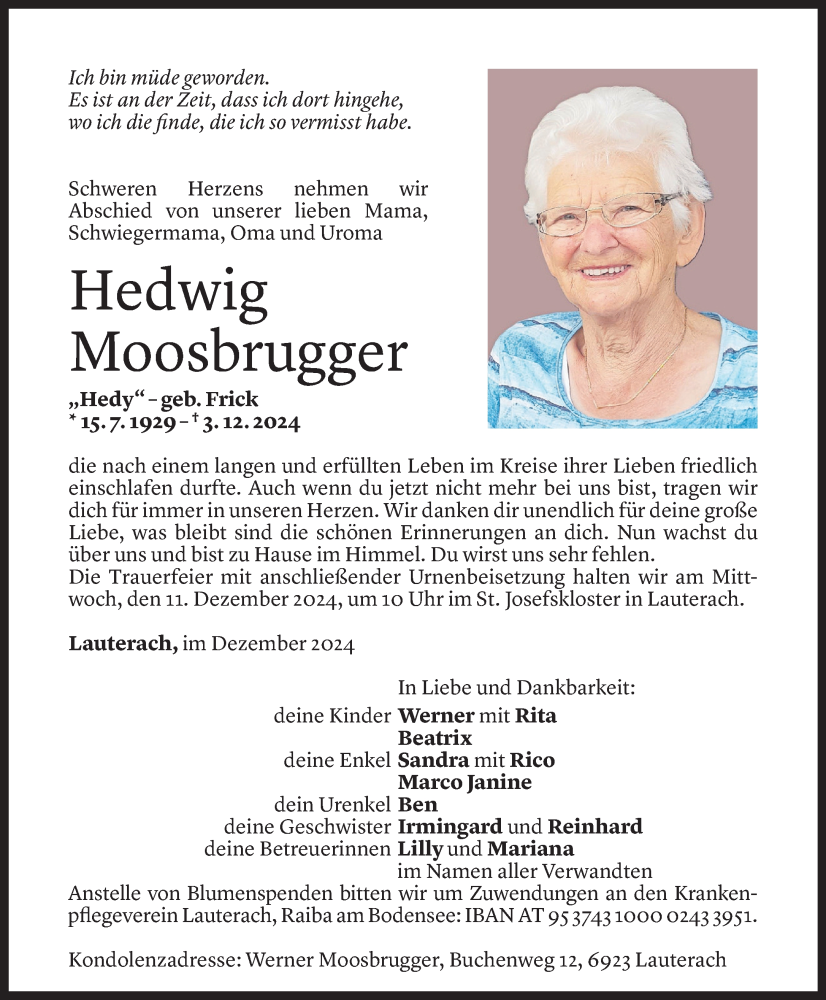  Todesanzeige für Hedwig Moosbrugger vom 06.12.2024 aus Vorarlberger Nachrichten