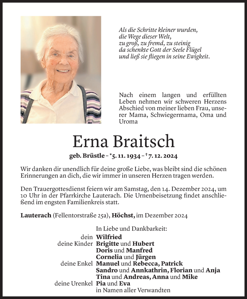  Todesanzeige für Erna Braitsch vom 10.12.2024 aus Vorarlberger Nachrichten