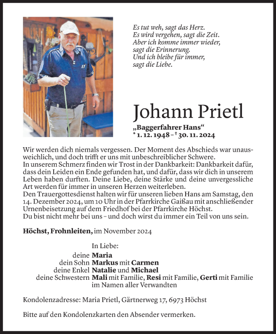 Todesanzeige von Johann Prietl von Vorarlberger Nachrichten