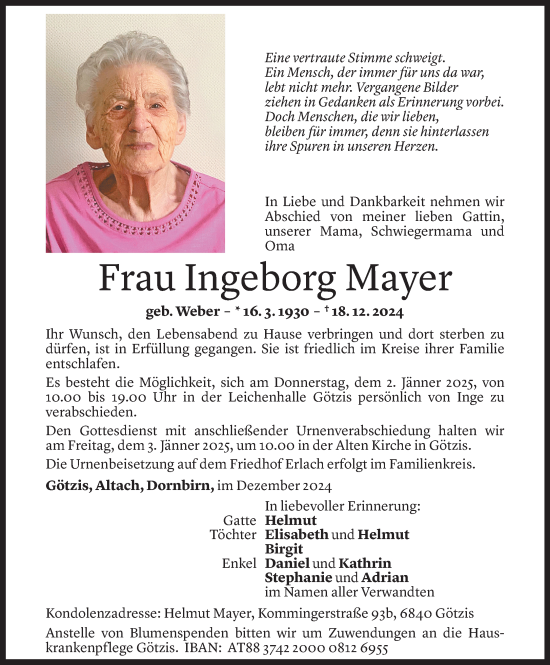 Todesanzeige von Ingeborg Mayer von Vorarlberger Nachrichten