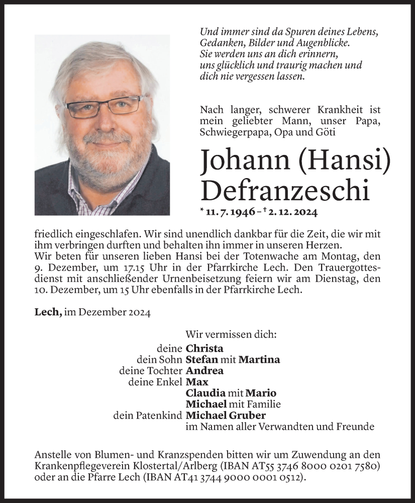  Todesanzeige für Johann Defranzeschi vom 05.12.2024 aus Vorarlberger Nachrichten