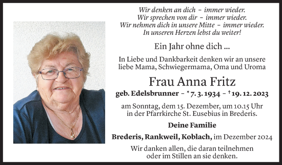 Todesanzeige von Anna Fritz von Vorarlberger Nachrichten