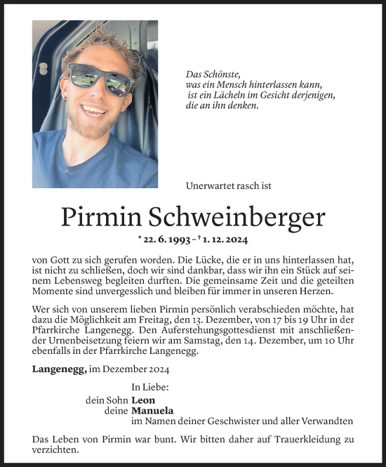 Todesanzeige von Pirmin Schweinberger von Vorarlberger Nachrichten