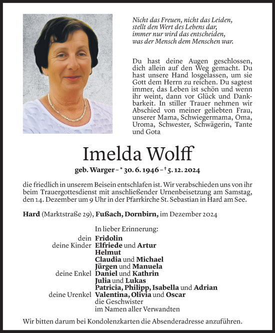 Todesanzeige von Imelda Wolff von Vorarlberger Nachrichten