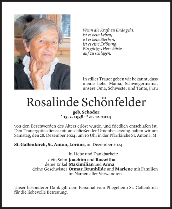 Todesanzeige von Rosalinde Schönfelder von Vorarlberger Nachrichten