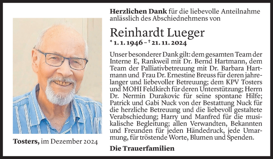 Todesanzeige von Reinhardt Lueger von Vorarlberger Nachrichten