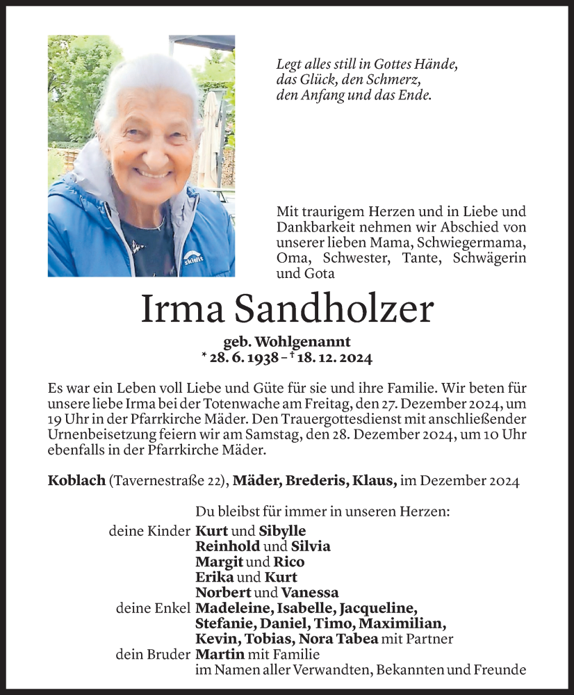  Todesanzeige für Irma Sandholzer vom 20.12.2024 aus Vorarlberger Nachrichten