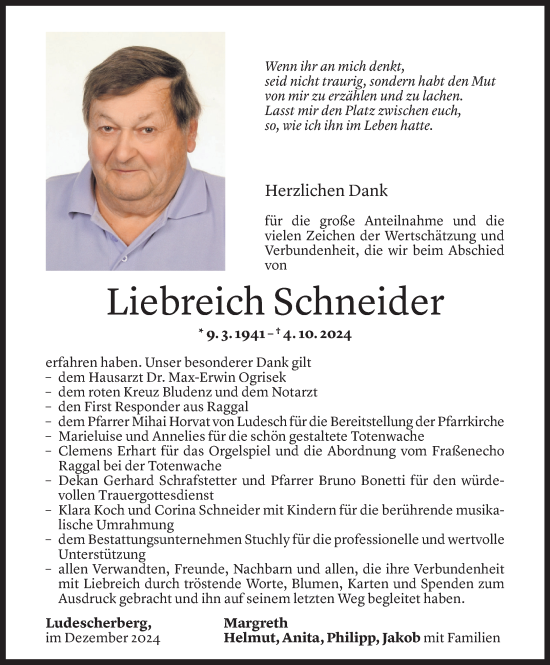 Todesanzeige von Liebreich Schneider von Vorarlberger Nachrichten