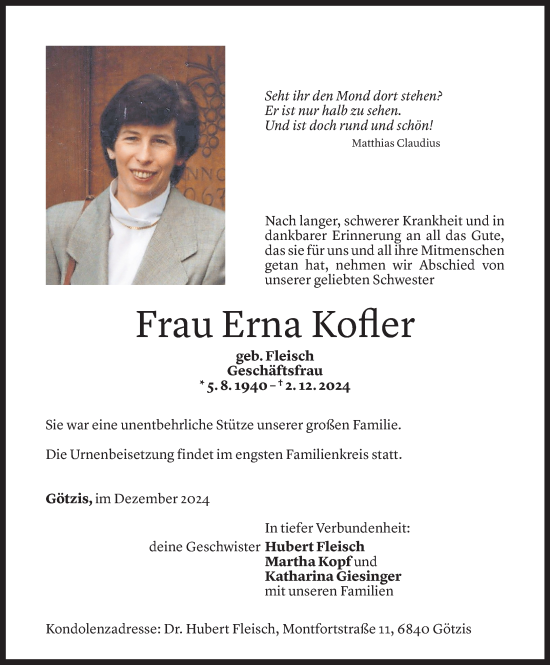 Todesanzeige von Erna Kofler von Vorarlberger Nachrichten