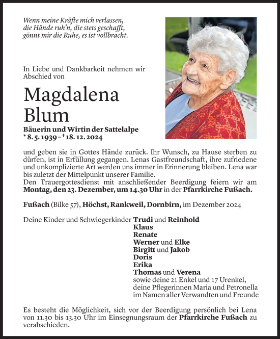 Todesanzeige von Magdalena Blum von Vorarlberger Nachrichten