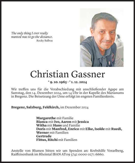 Todesanzeige von Christian Gassner von Vorarlberger Nachrichten