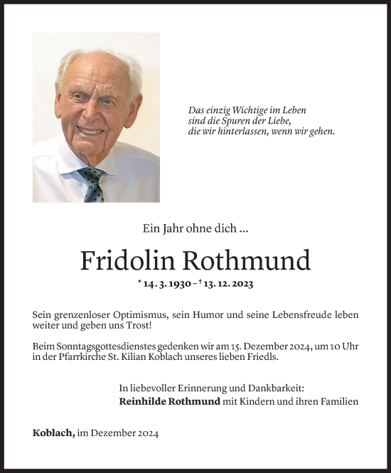 Todesanzeige von Fridolin Rothmund von Vorarlberger Nachrichten