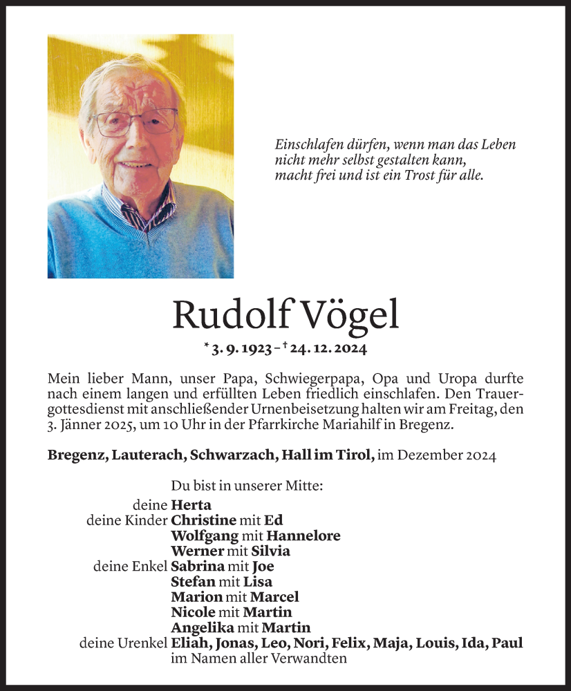  Todesanzeige für Rudolf Vögel vom 30.12.2024 aus Vorarlberger Nachrichten