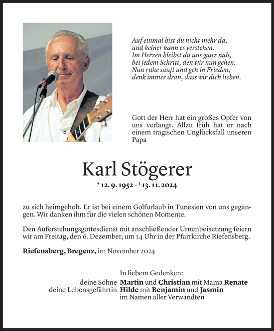 Todesanzeige von Karl Stögerer von Vorarlberger Nachrichten