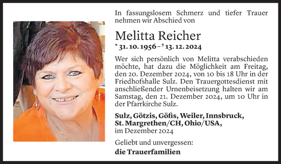 Todesanzeige von Melitta Reicher von Vorarlberger Nachrichten