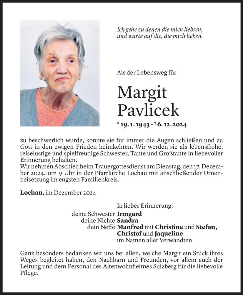  Todesanzeige für Margit Pavlicek vom 10.12.2024 aus Vorarlberger Nachrichten